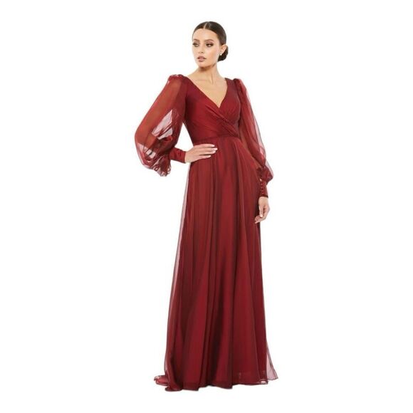 Mac Duggal Long Sleeve Modest Garnet Red Chiffon Evening Gown Size 4